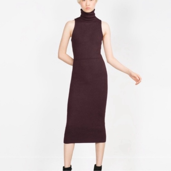 Zara Dresses & Skirts - Zara Turtleneck Midi Dress Ribbed Bodycon Sleeveless Brown Medium Clean Girl